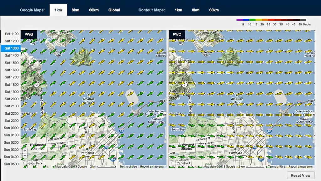 Wind map for September 21, 2013 San Francisco at 1315hrs - Start of Race 14. The left panel shows the wind blowing across the course © PredictWind.com www.predictwind.com